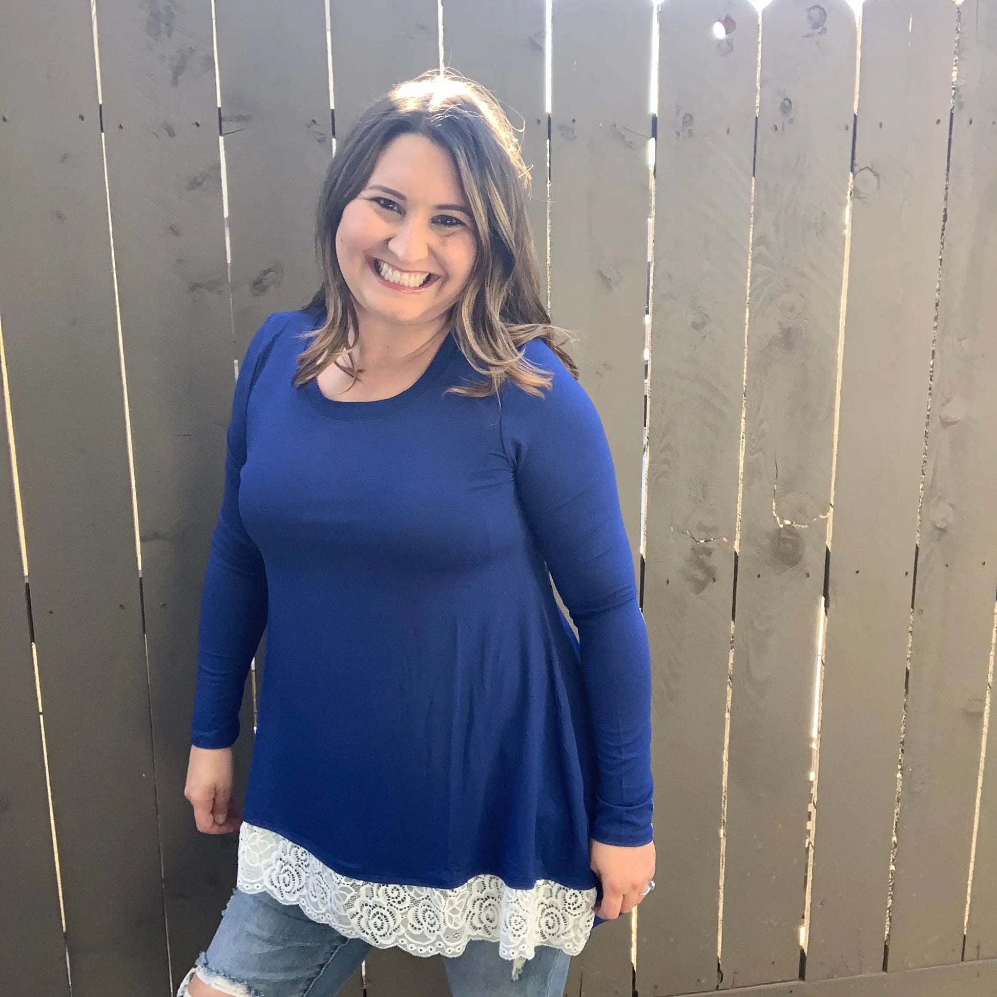 "Charlotte" Long Sleeve Lace Trim Round Neck Top (Navy)
