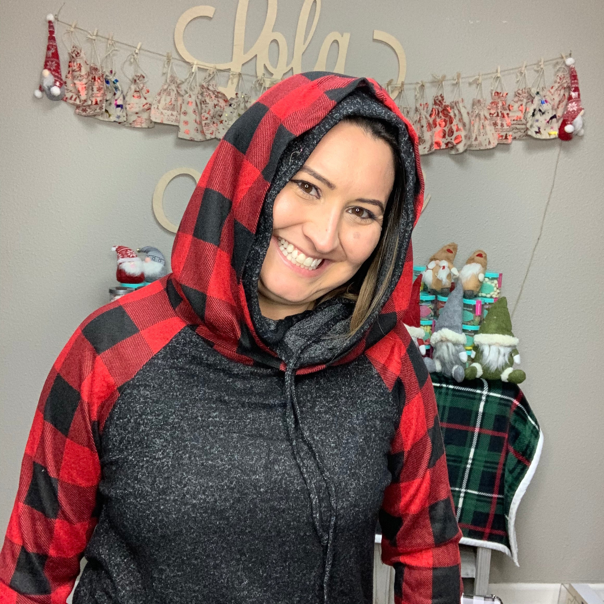 "Check it Out" Buffalo Plaid Hoodie (Black Body)-Lola Monroe Boutique