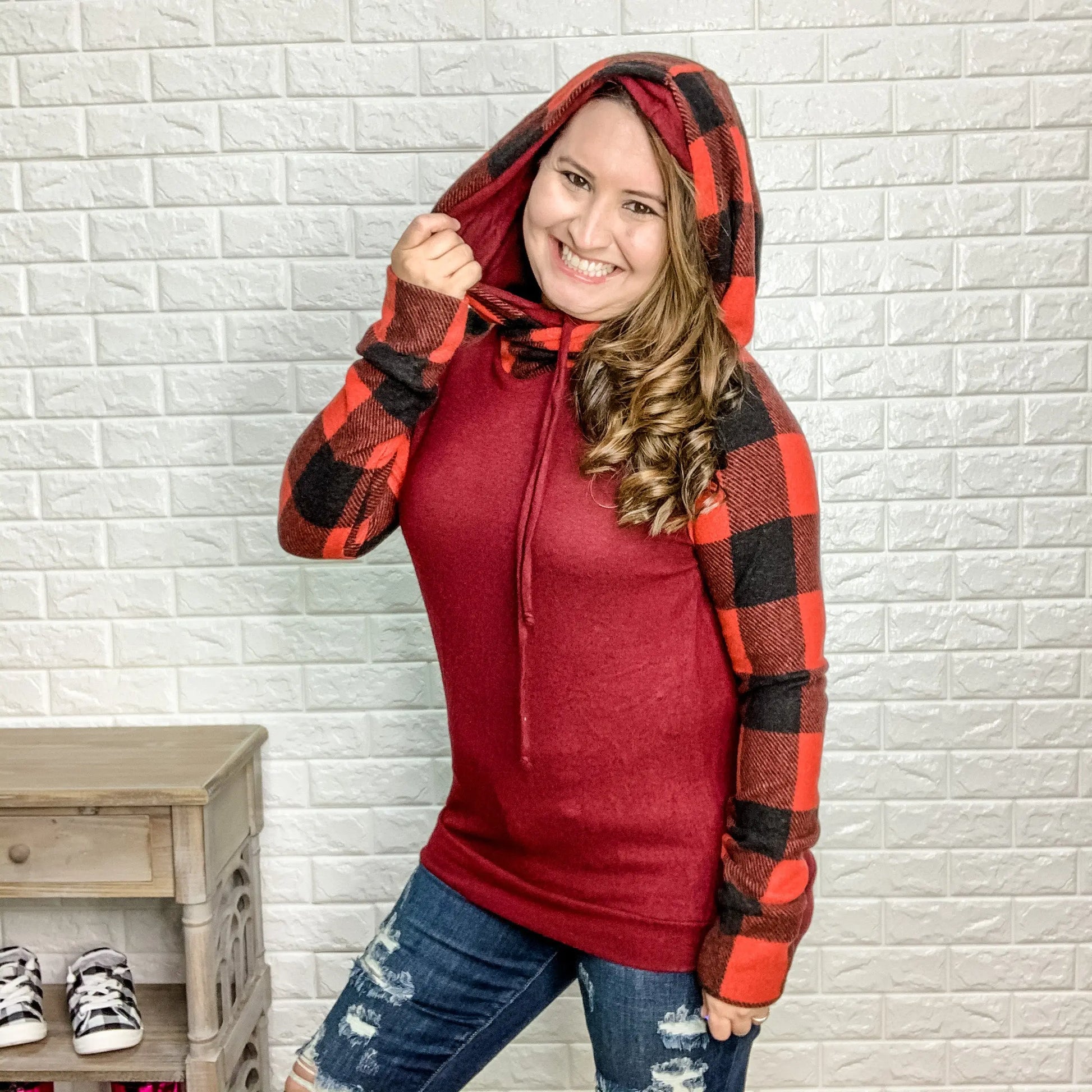 "Check it Out" Plaid Hoodie (Burgundy Body)