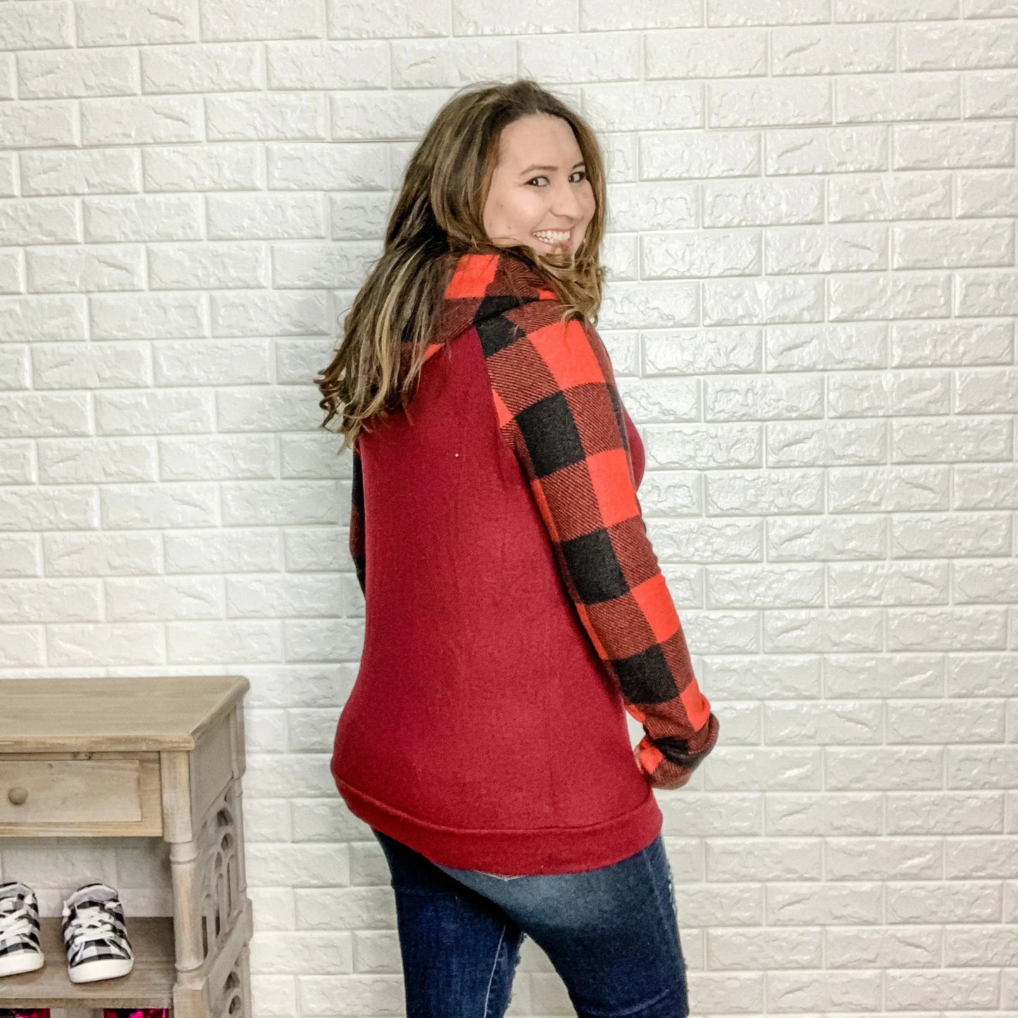 "Check it Out" Plaid Hoodie (Burgundy Body)