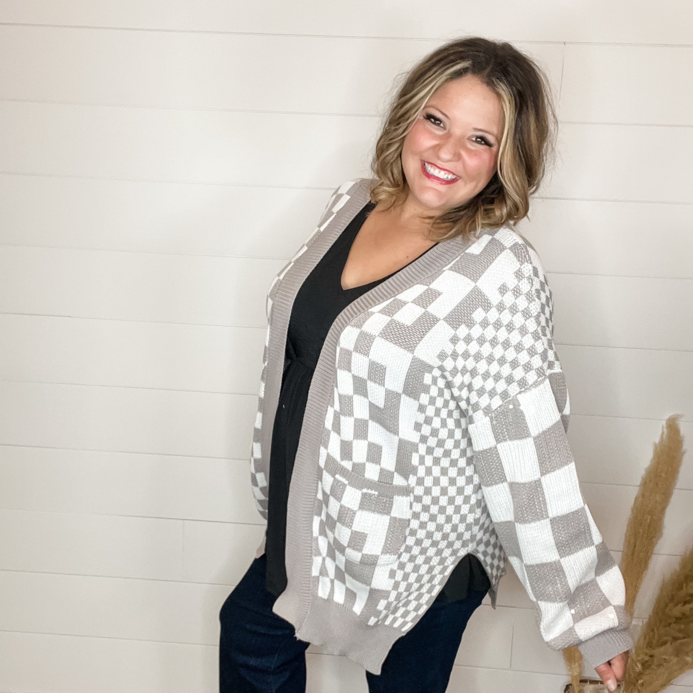 "Check Me Out" Checkered Cardigan with Sequin Detail (Multiple Colors)-Lola Monroe Boutique