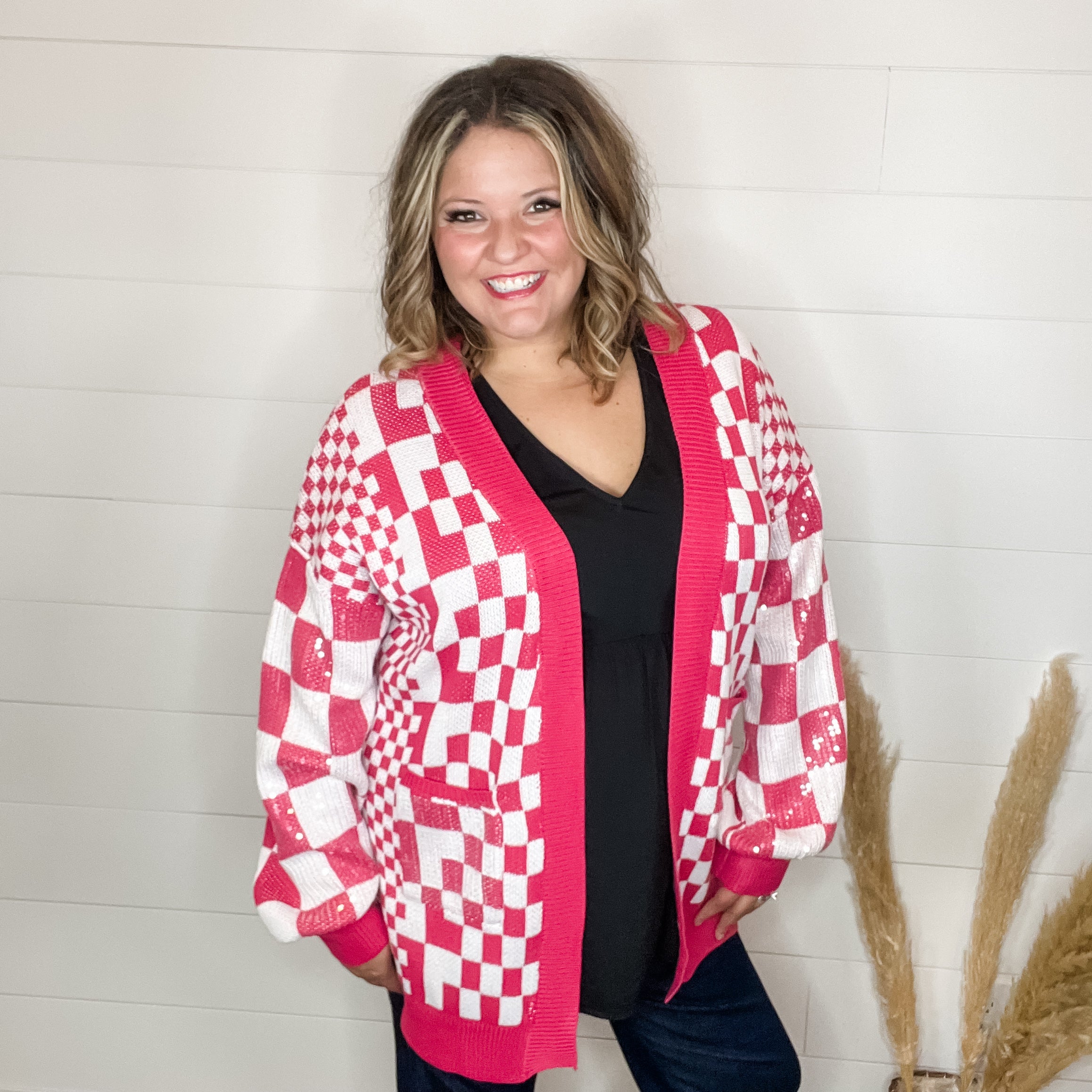 "Check Me Out" Checkered Cardigan with Sequin Detail (Multiple Colors)-Lola Monroe Boutique