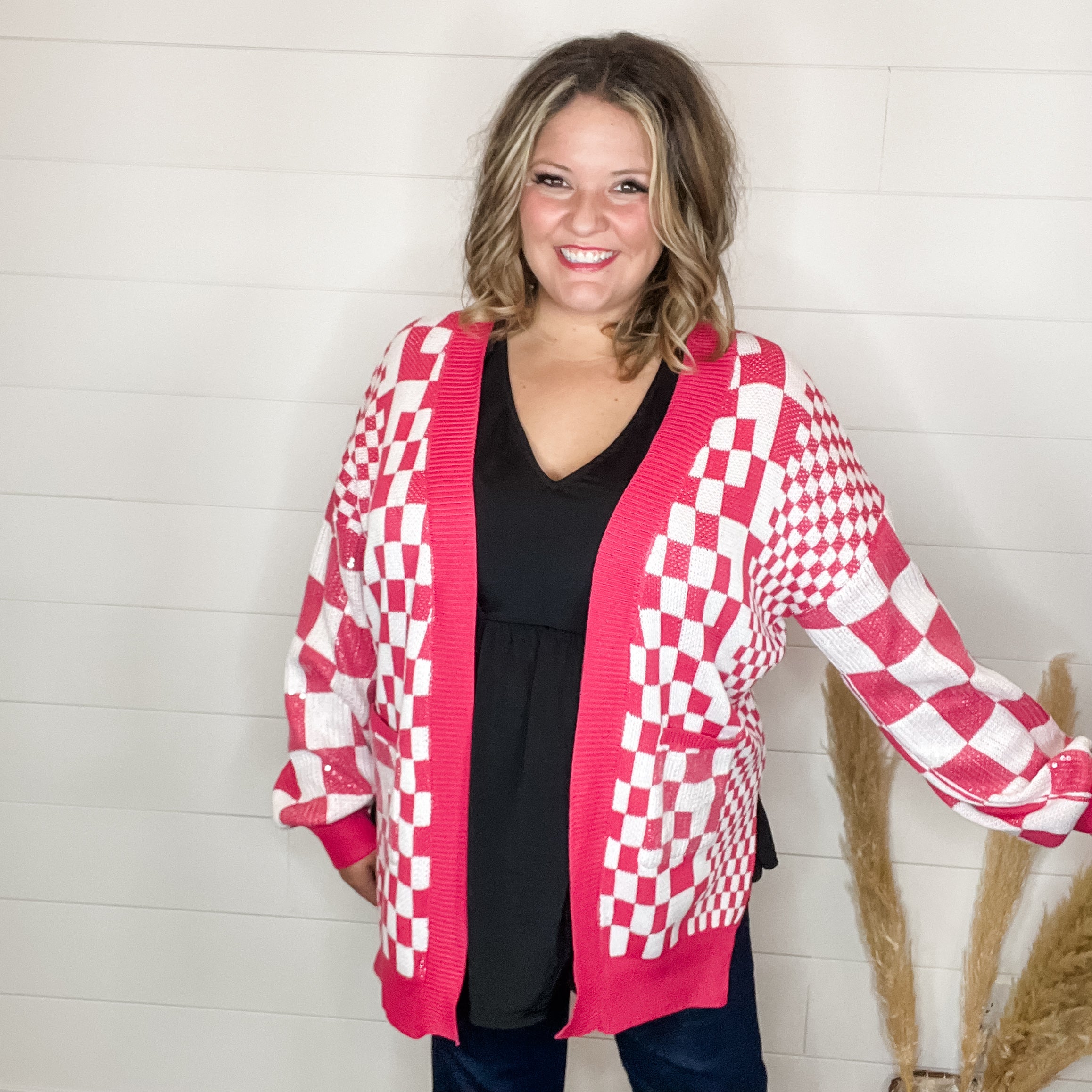 "Check Me Out" Checkered Cardigan with Sequin Detail (Multiple Colors)-Lola Monroe Boutique