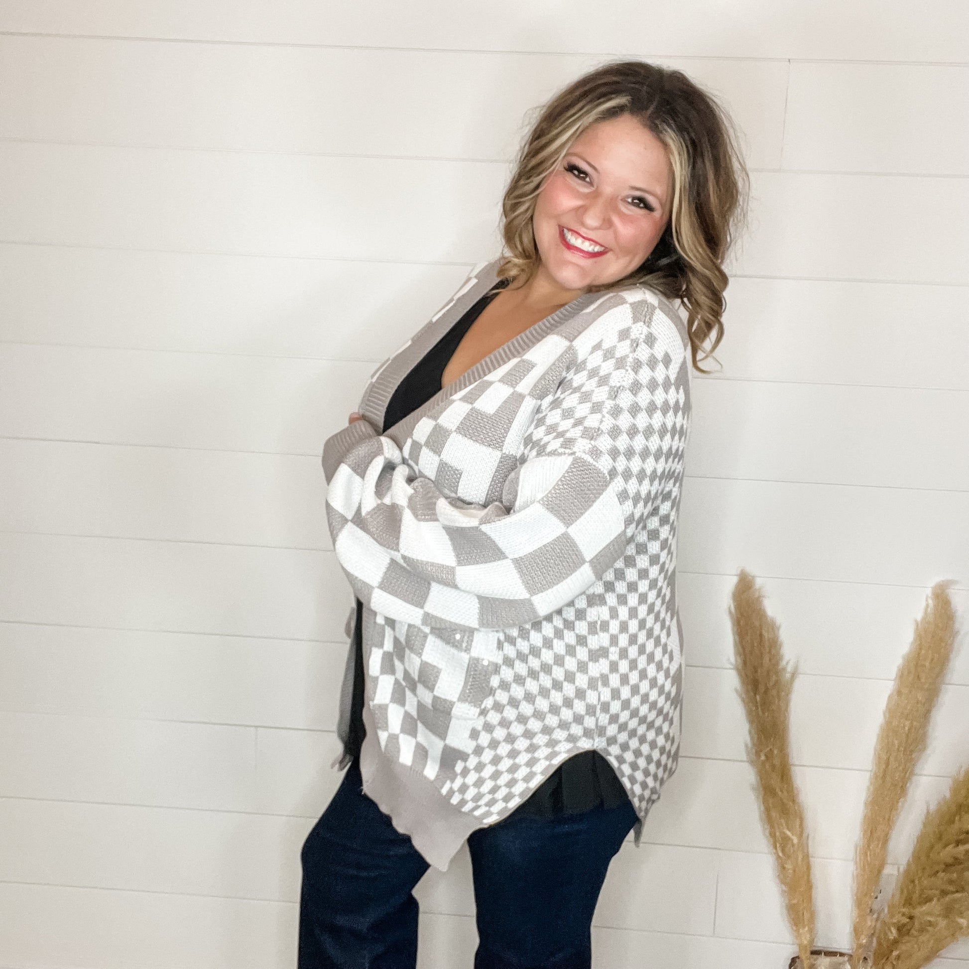 "Check Me Out" Checkered Cardigan with Sequin Detail (Multiple Colors)