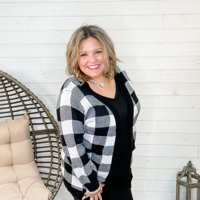 "Checked Out For The Weekend" Black & White Checkered Cardigan-Lola Monroe Boutique