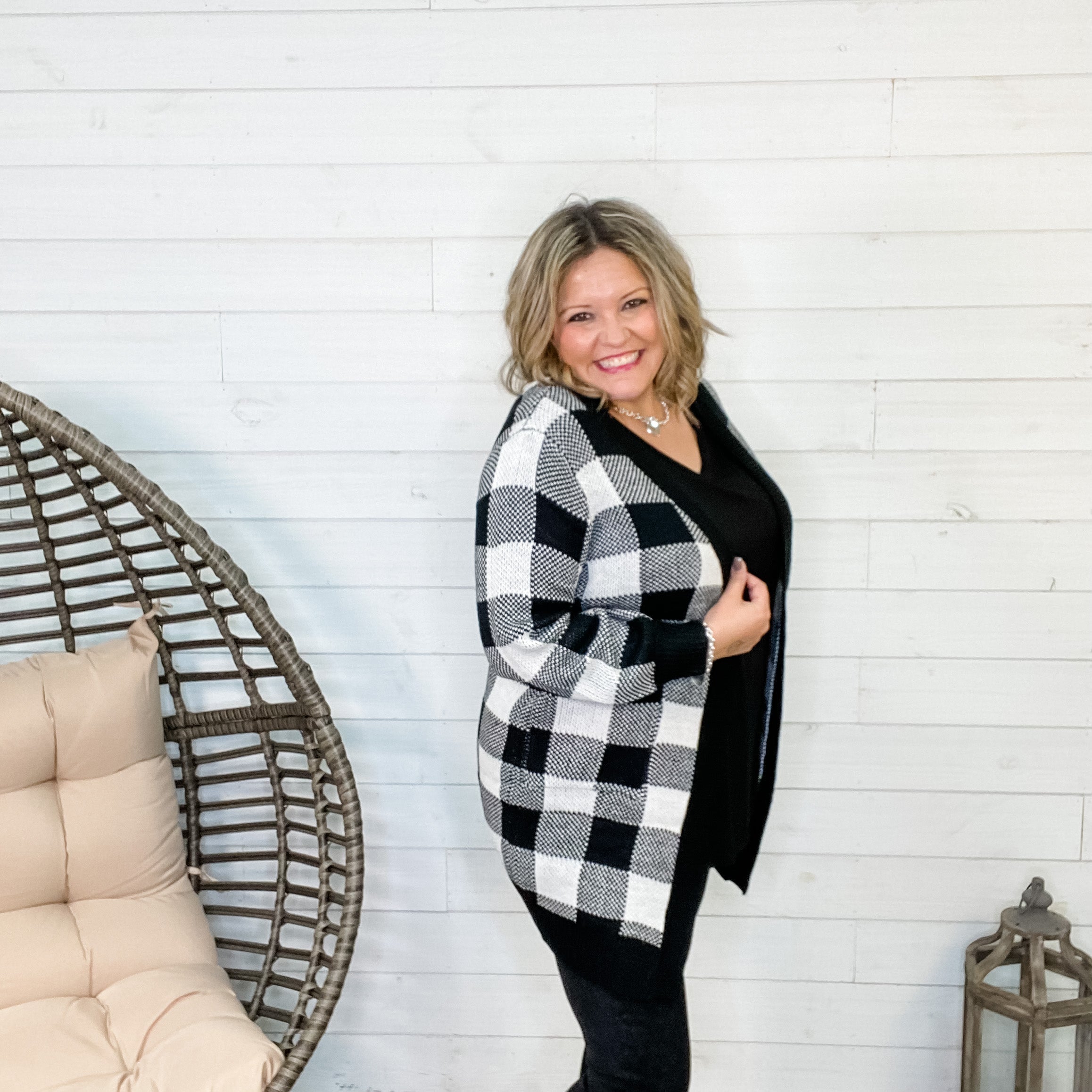 "Checked Out For The Weekend" Black & White Checkered Cardigan-Lola Monroe Boutique