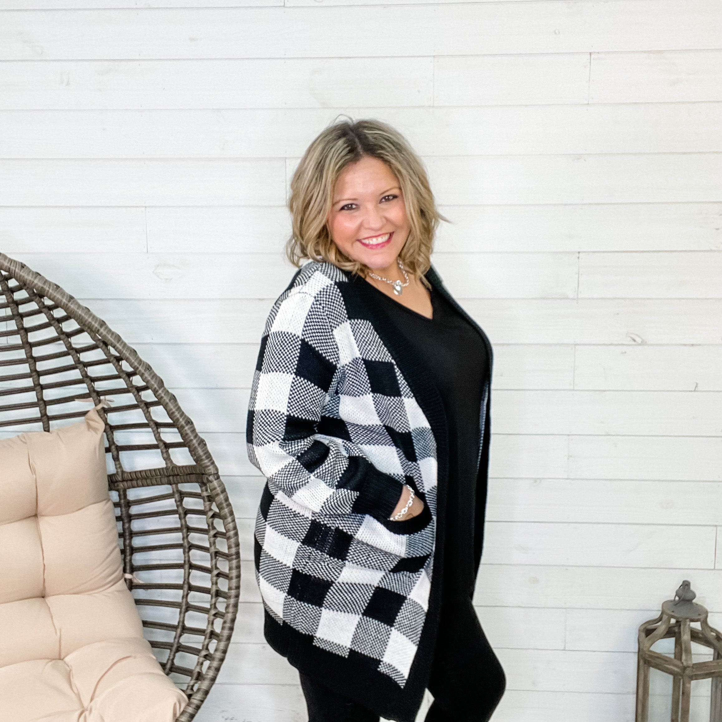 "Checked Out For The Weekend" Black & White Checkered Cardigan-Lola Monroe Boutique