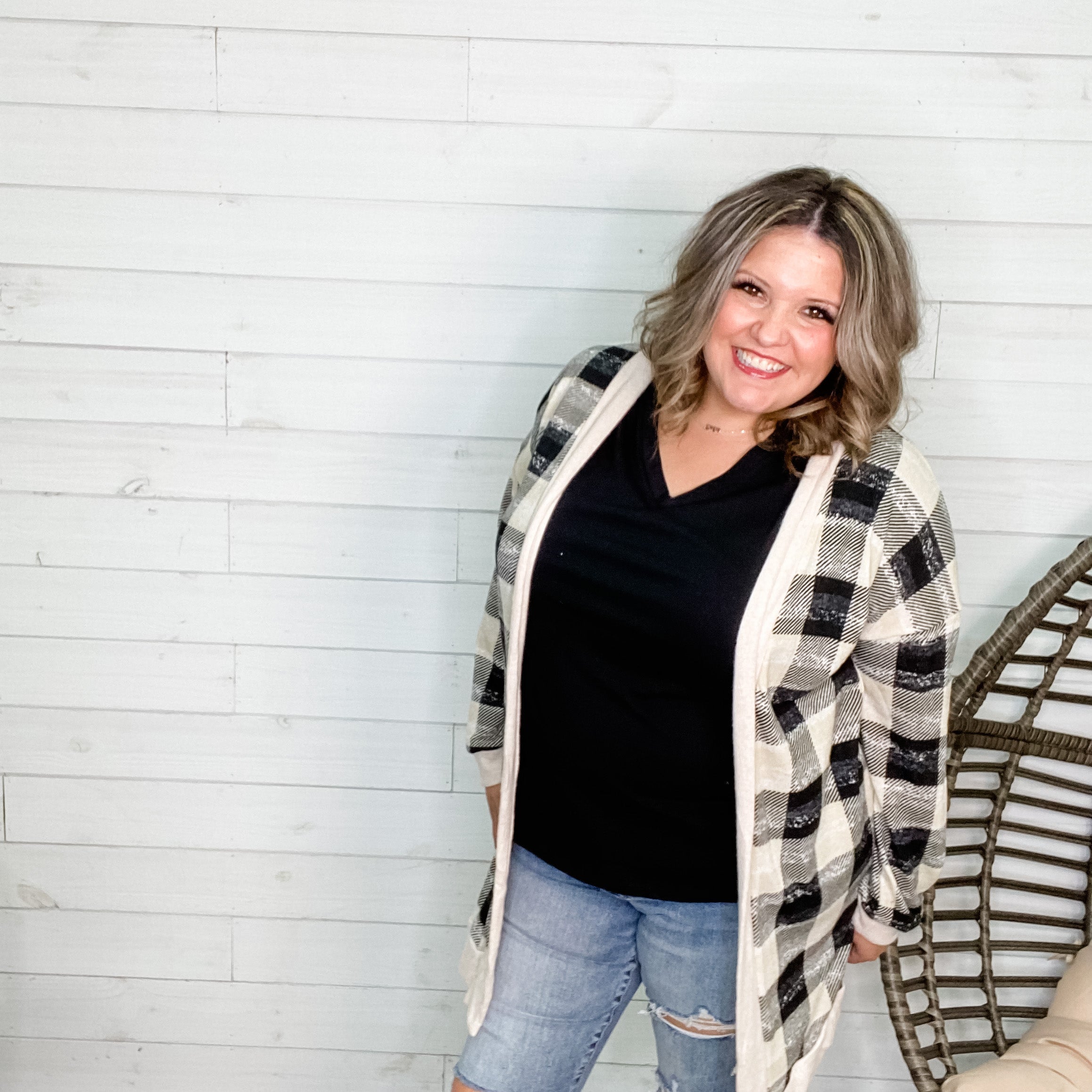 Checkered Cream and Black Cardigan with Pockets-Lola Monroe Boutique