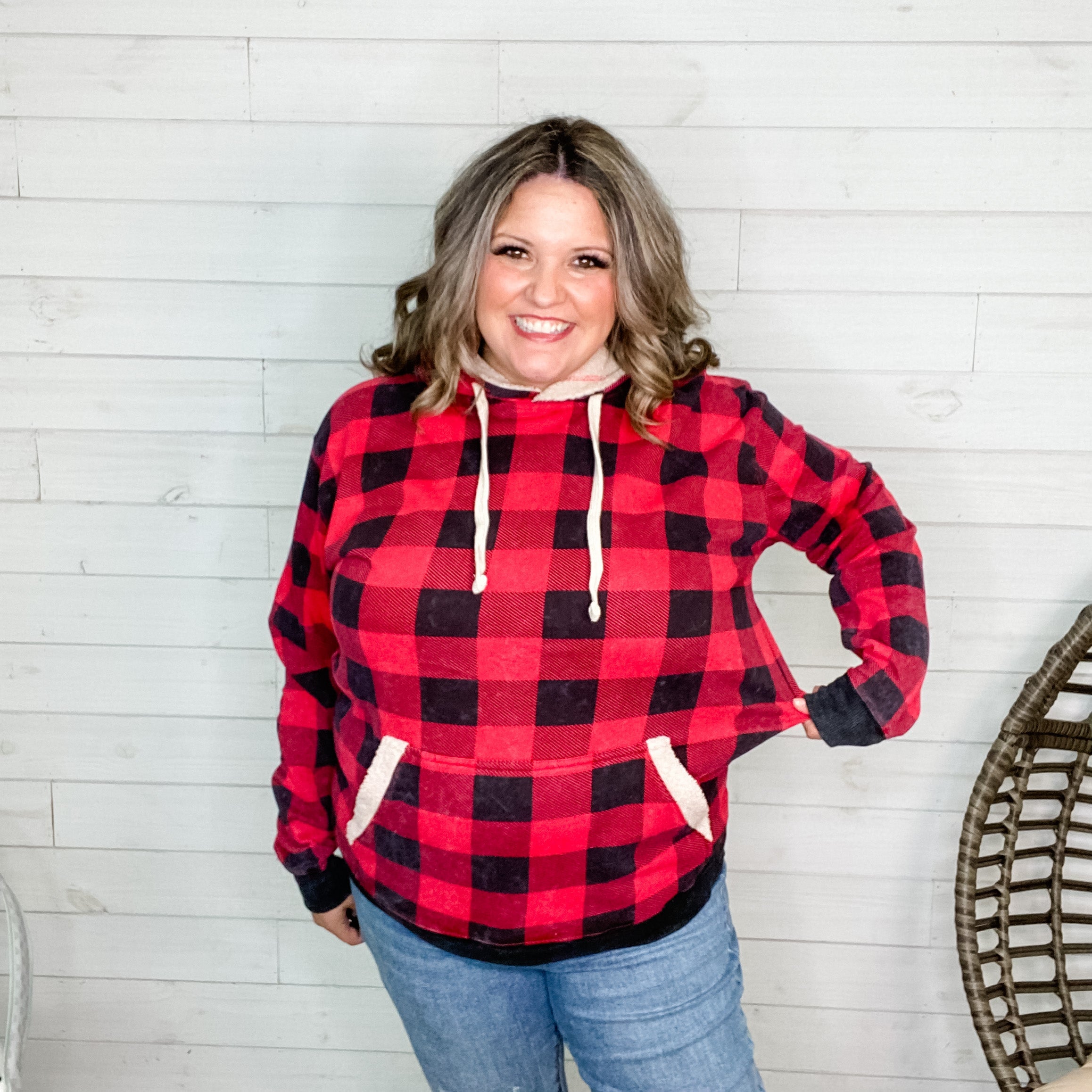 Checkered Sherpa Lined Hoodie (Black and Red)-Lola Monroe Boutique