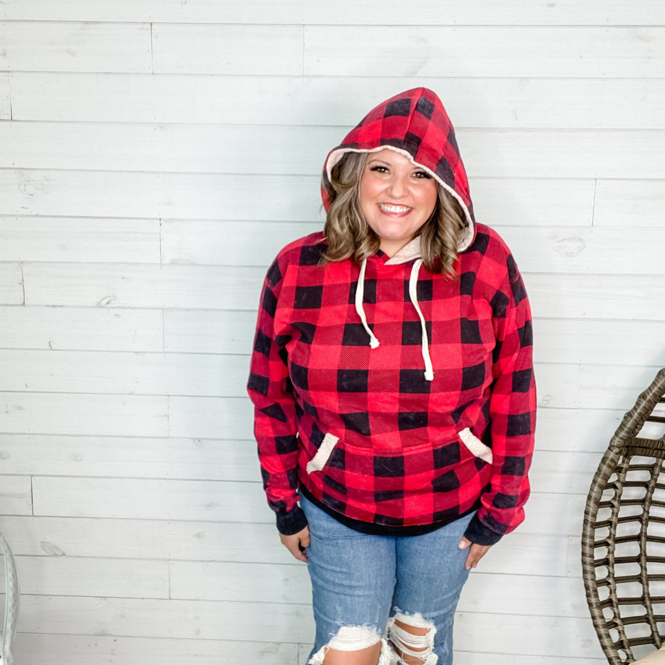 Checkered Sherpa Lined Hoodie (Black and Red)-Lola Monroe Boutique