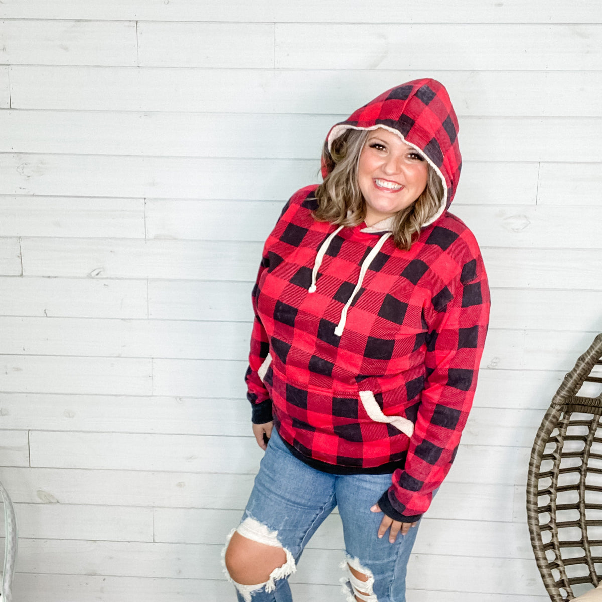 Checkered Sherpa Lined Hoodie (Black and Red)-Lola Monroe Boutique