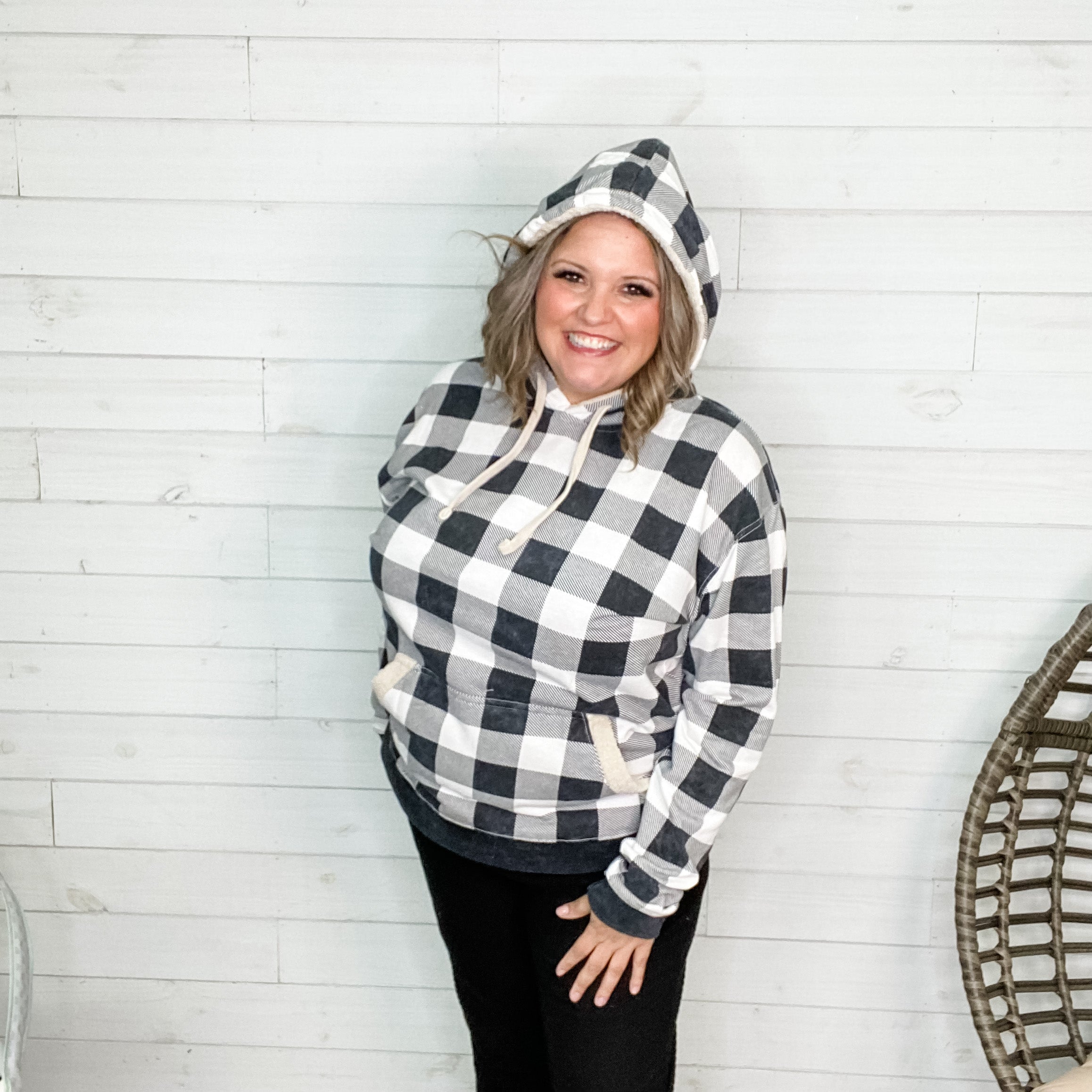 Checkered Sherpa Lined Hoodie (Black and White)-Lola Monroe Boutique