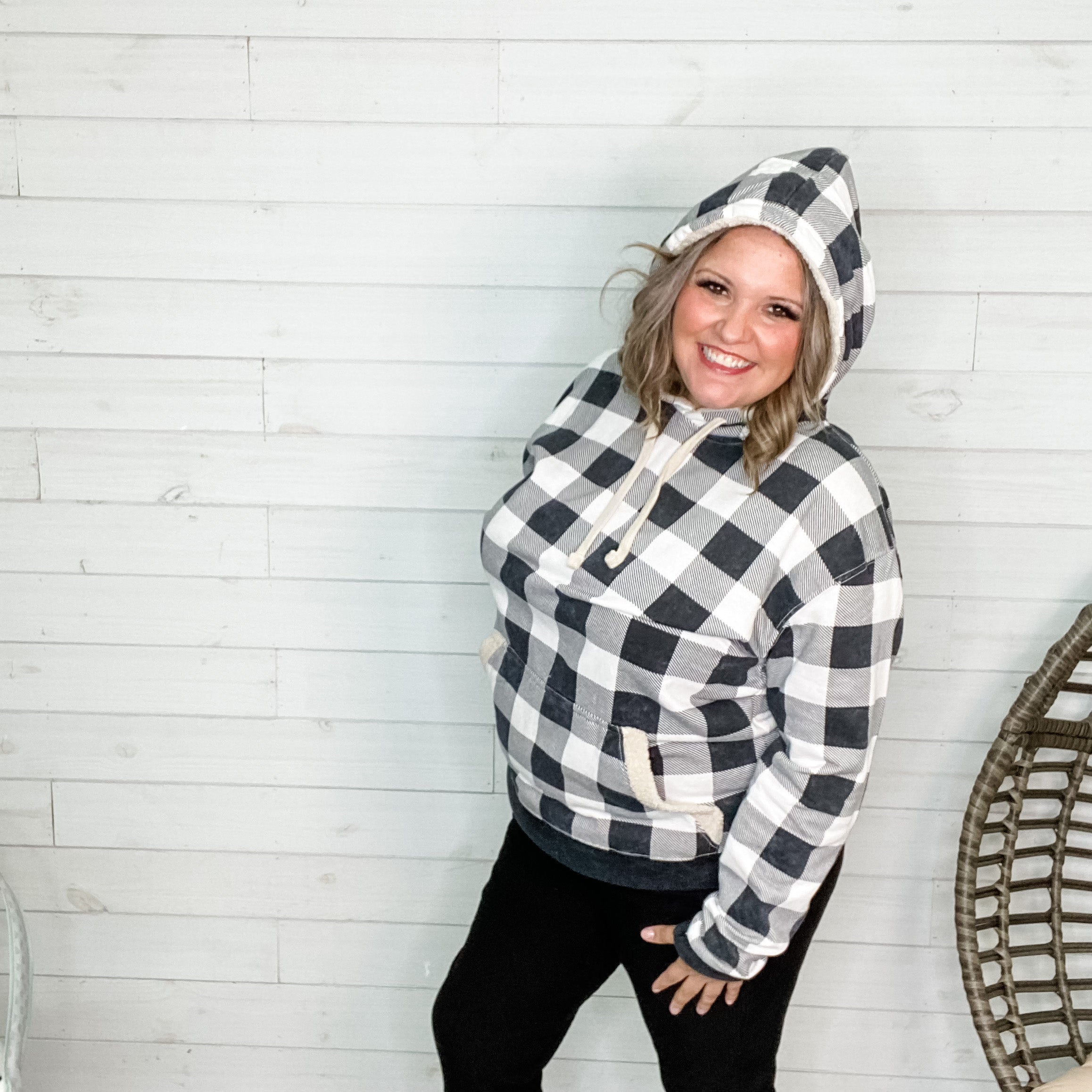 Checkered Sherpa Lined Hoodie (Black and White)-Lola Monroe Boutique