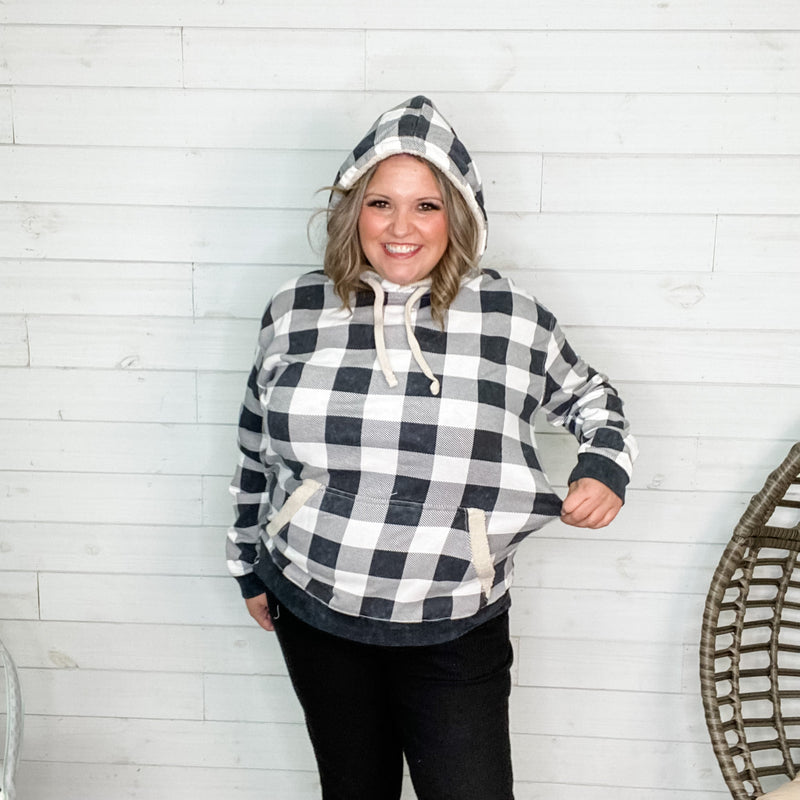 Checkered Sherpa Lined Hoodie (Black and White)-Lola Monroe Boutique
