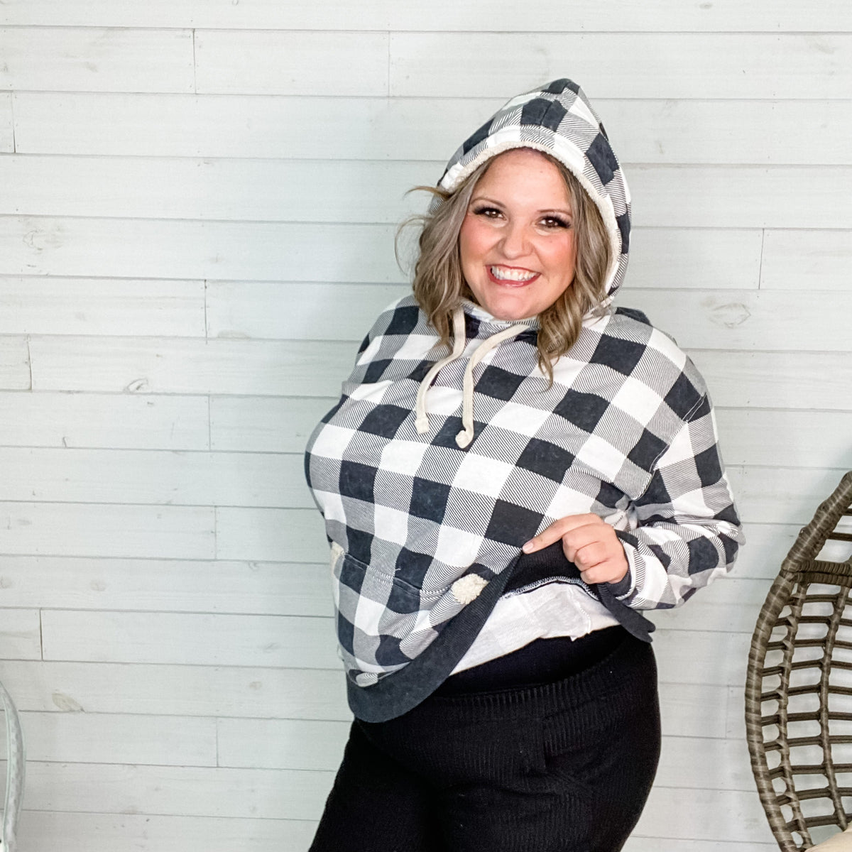 Checkered Sherpa Lined Hoodie (Black and White)-Lola Monroe Boutique