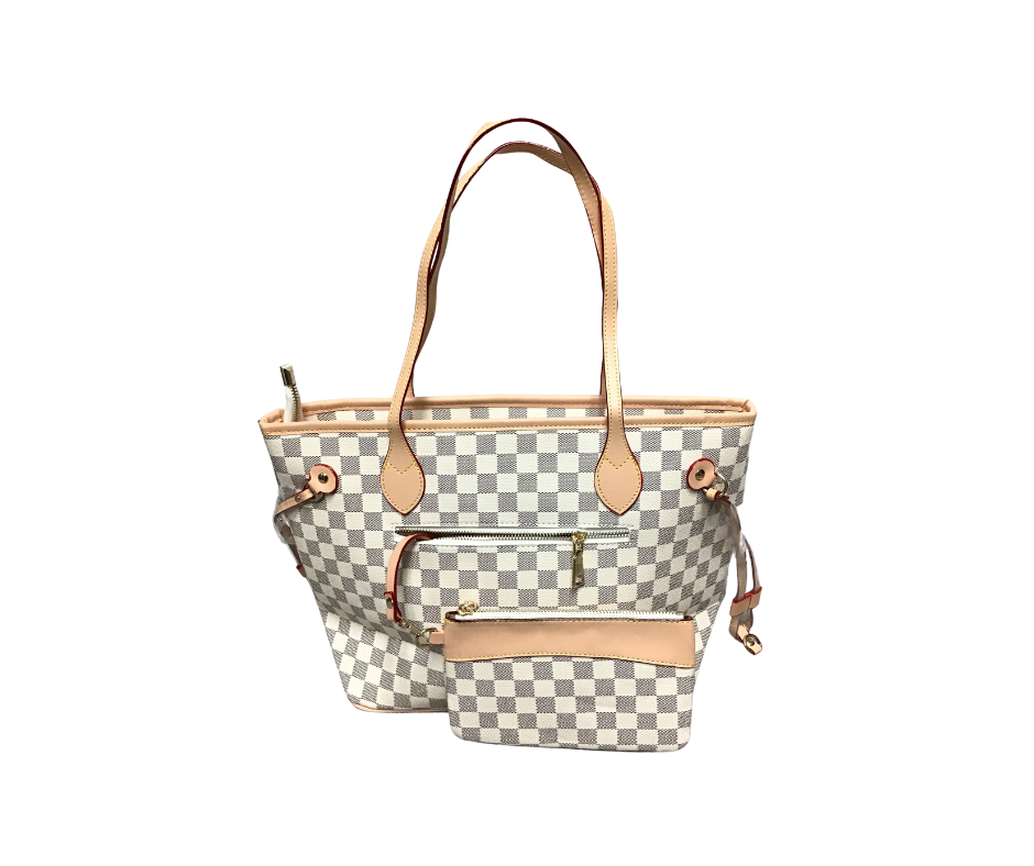 Checkered Tote with pouch(Cream, Brown, Black)-Lola Monroe Boutique