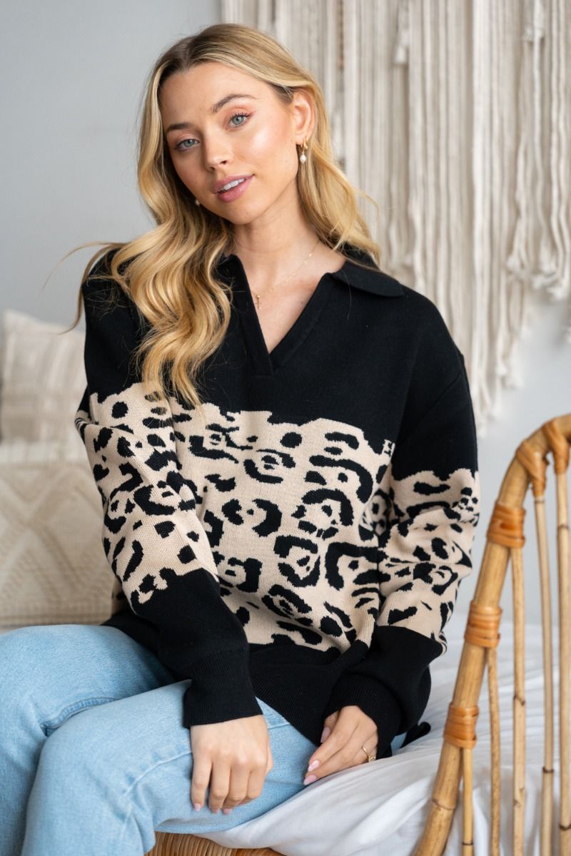 "Top Notch" Animal Print Long Sleeve Collared Sweater