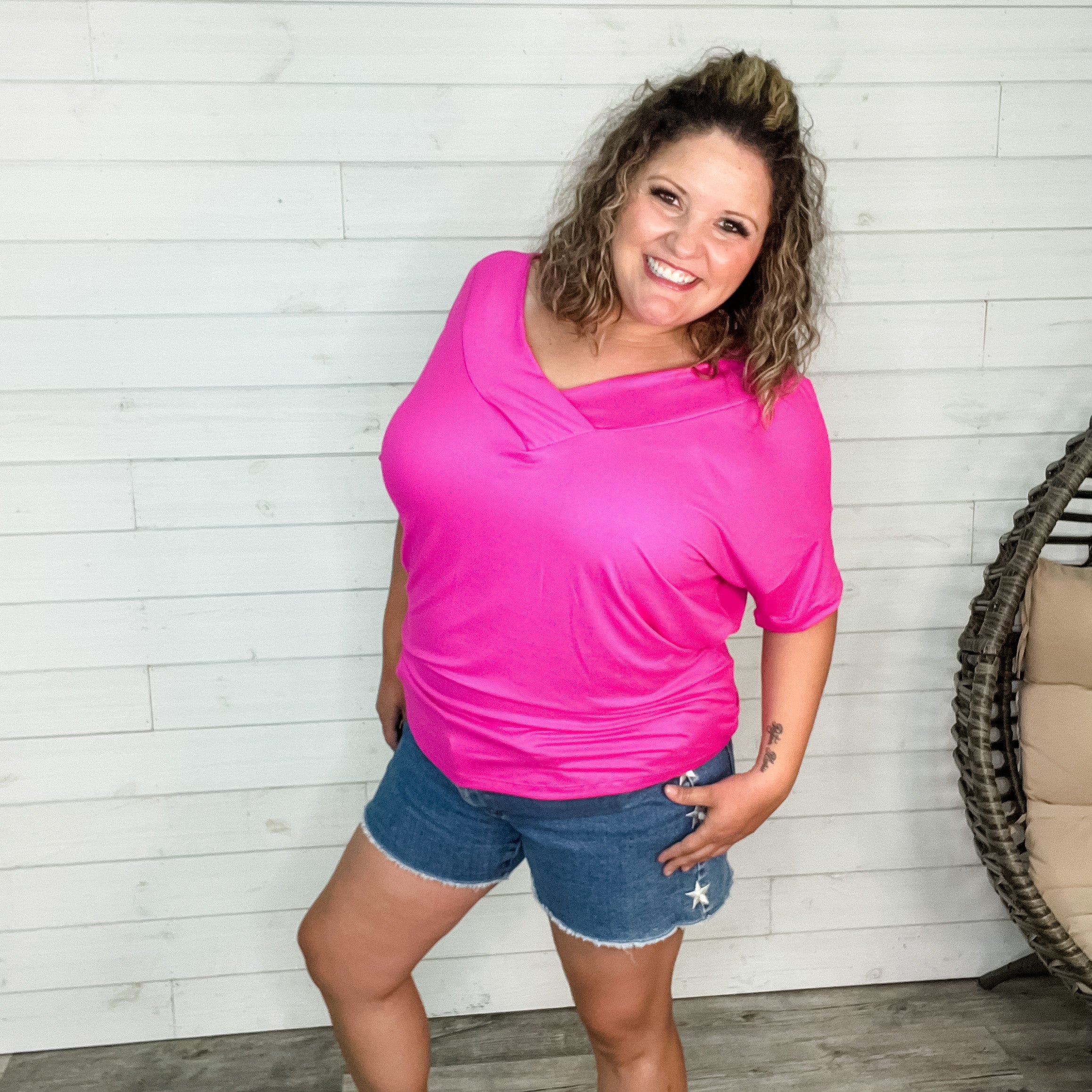 "Clark" V Neck Dolman (Fuchsia)-Lola Monroe Boutique