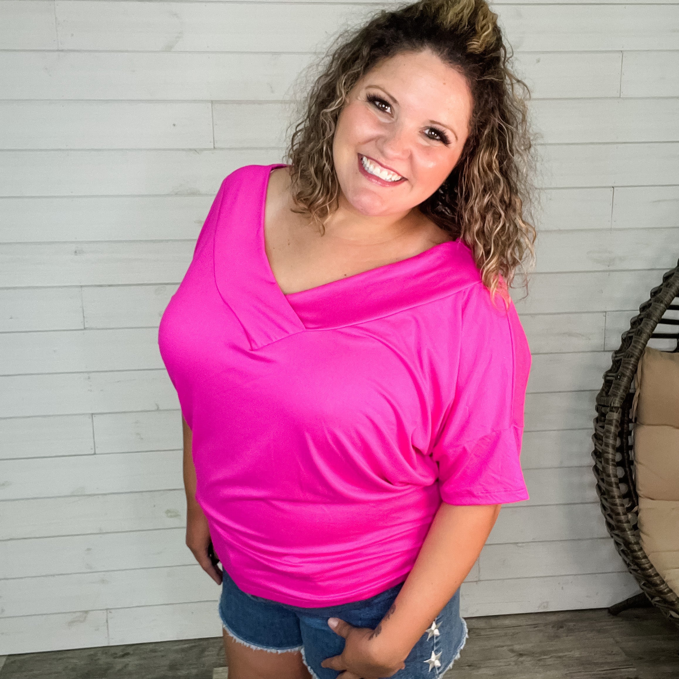 "Clark" V Neck Dolman (Fuchsia)-Lola Monroe Boutique