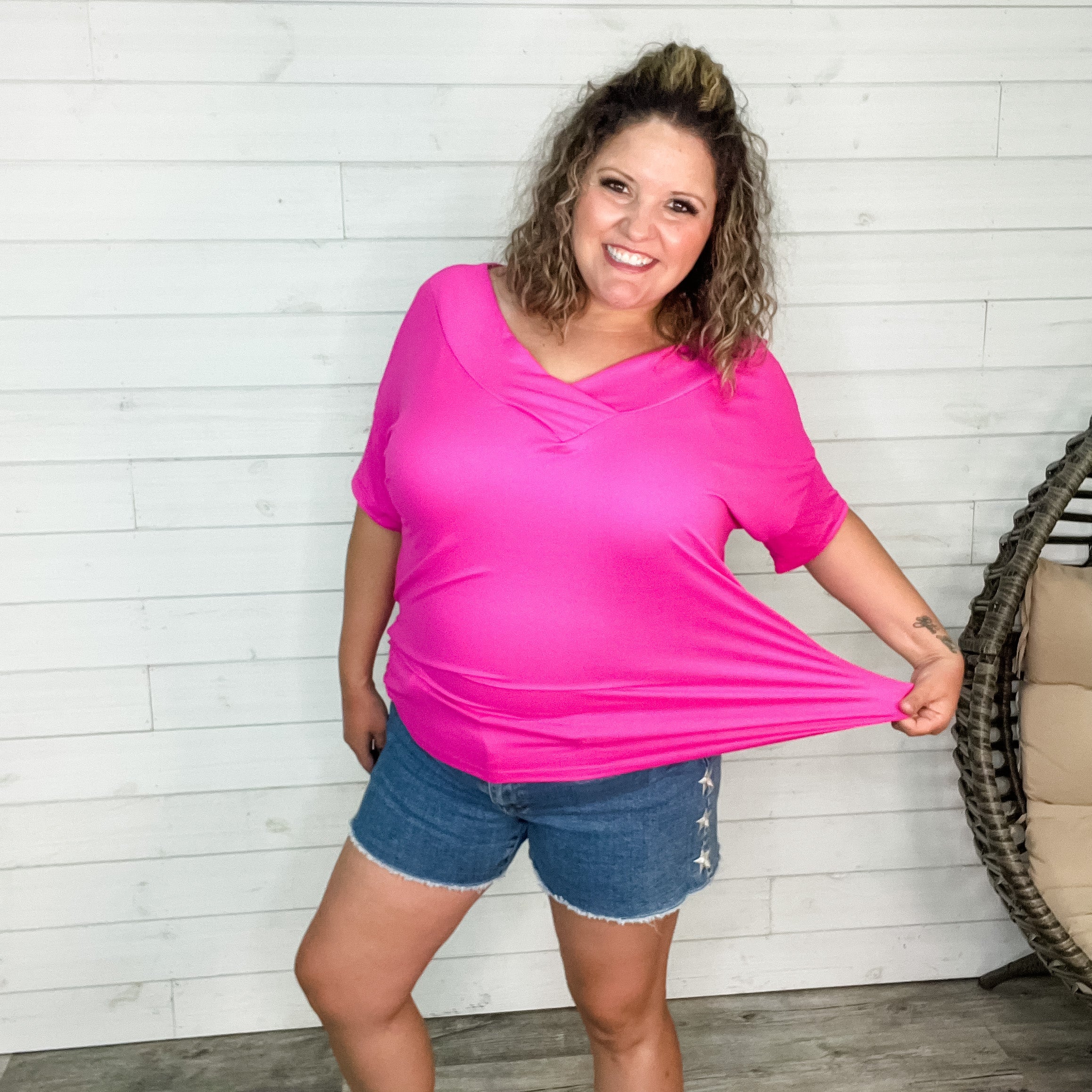 "Clark" V Neck Dolman (Fuchsia)-Lola Monroe Boutique