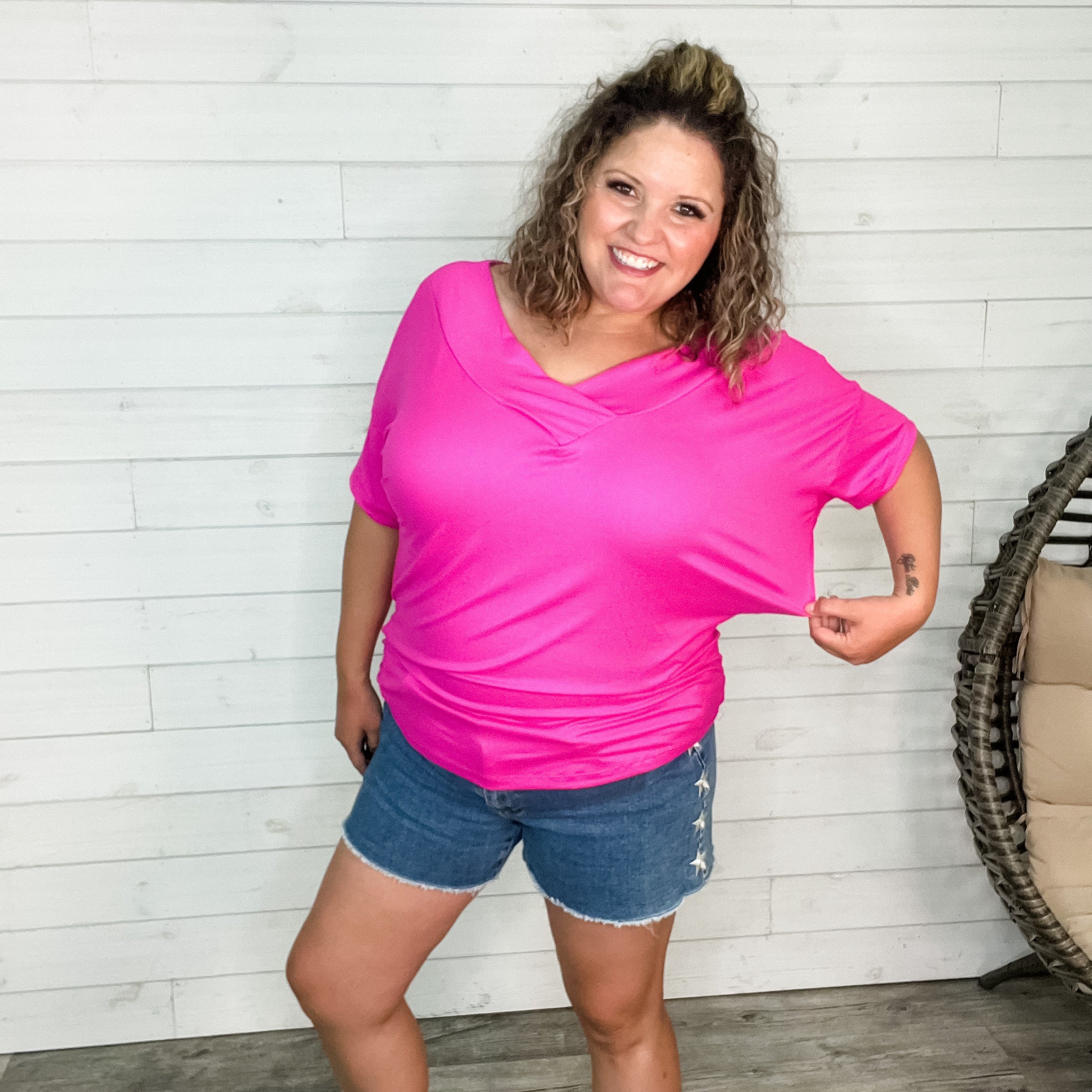 "Clark" V Neck Dolman (Fuchsia)-Lola Monroe Boutique