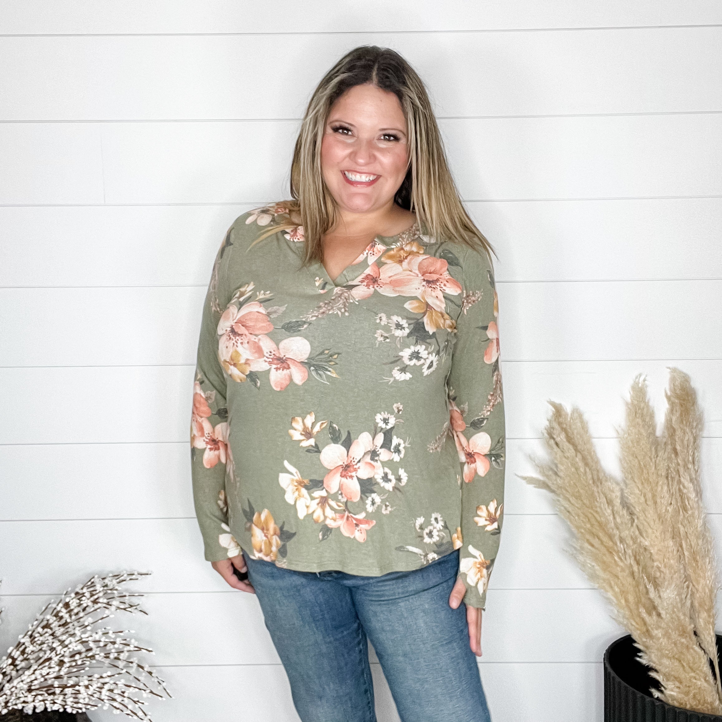 "Clover" Floral Long Sleeve Split Neck-Lola Monroe Boutique