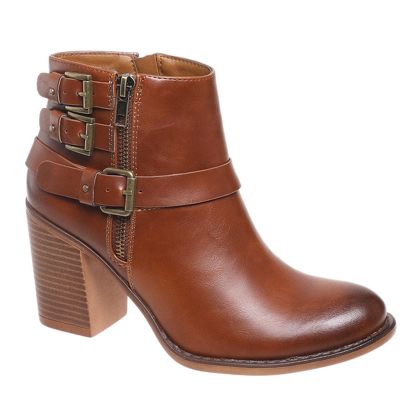 "Cole" Vegan Leather Dual Side Zip with Buckle Design Bootie (Whiskey)-Lola Monroe Boutique