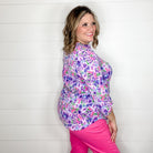 "Collaboration" Floral Lizzy 3/4 Sleeve Split Neck Tops-Lola Monroe Boutique