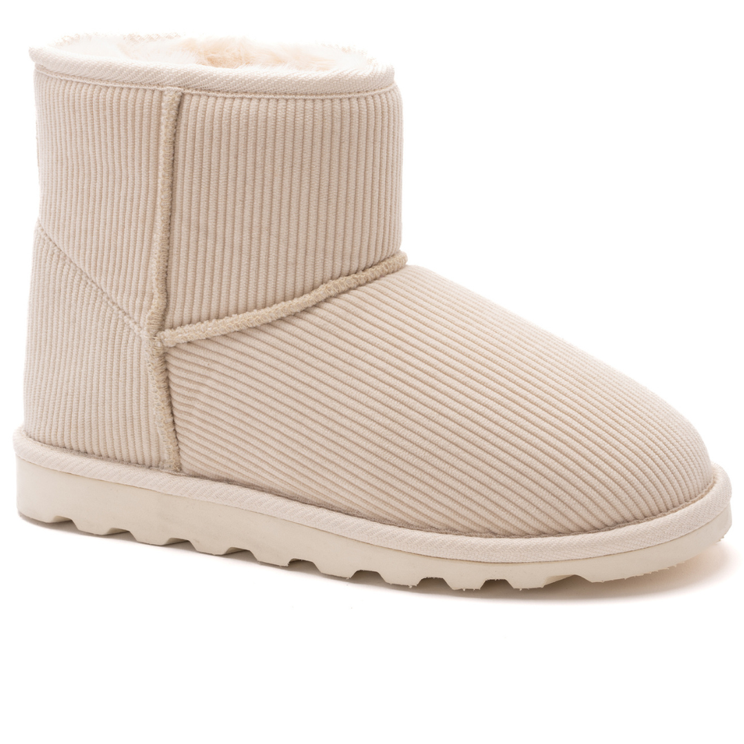 "Comfort" Corkys Corduroy Slip On Bootie with Faux Fur Lining (Cream)-Lola Monroe Boutique