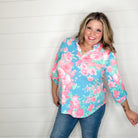 "Confusion" Floral Lizzy 3/4 Sleeve Split Neck Tops-Lola Monroe Boutique