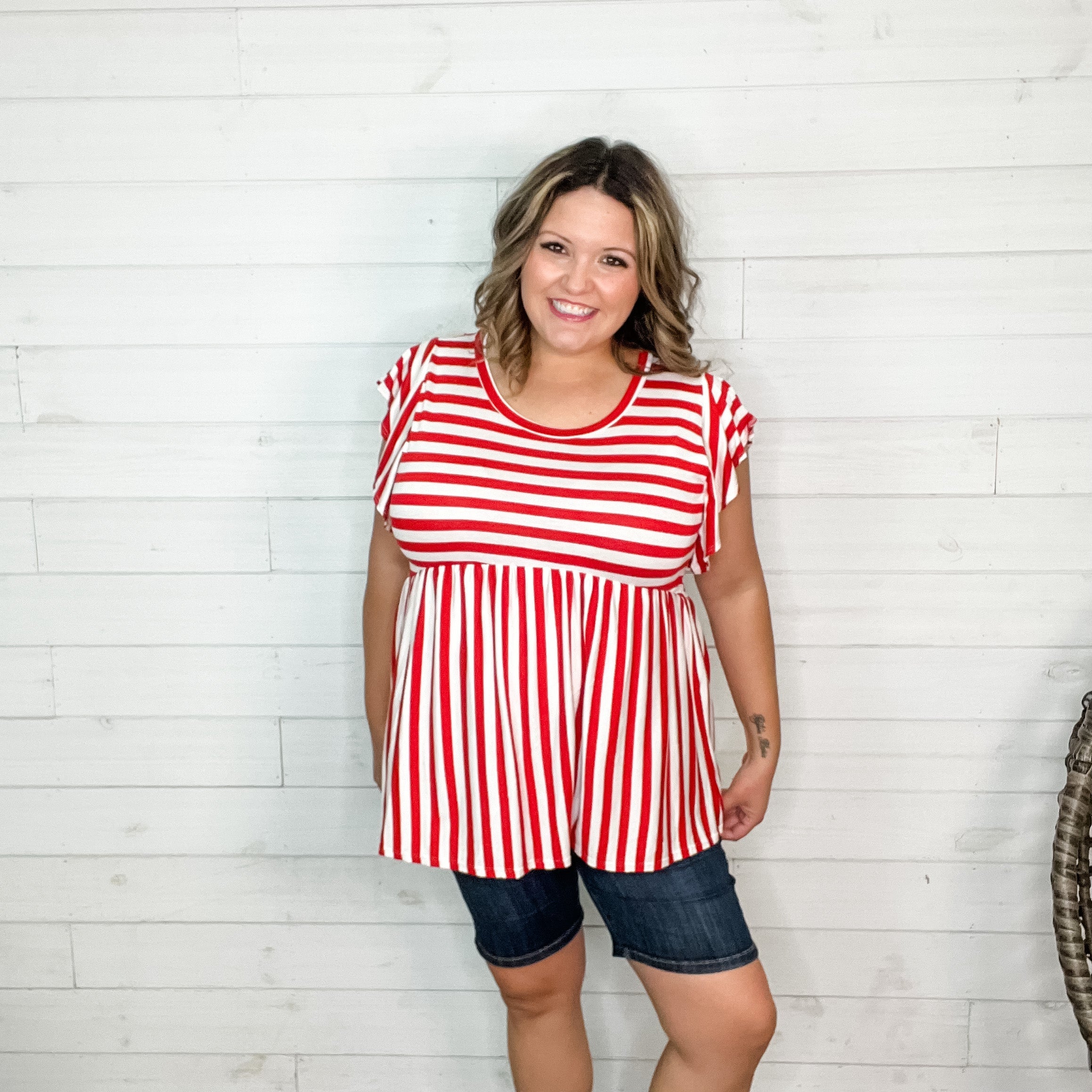 "Connor" Stripe Ruffle Cap Babydoll (Red & White)-Lola Monroe Boutique