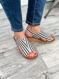 Corkys "Carley" Wedge Sandal (Black Natural Stripe)-Lola Monroe Boutique