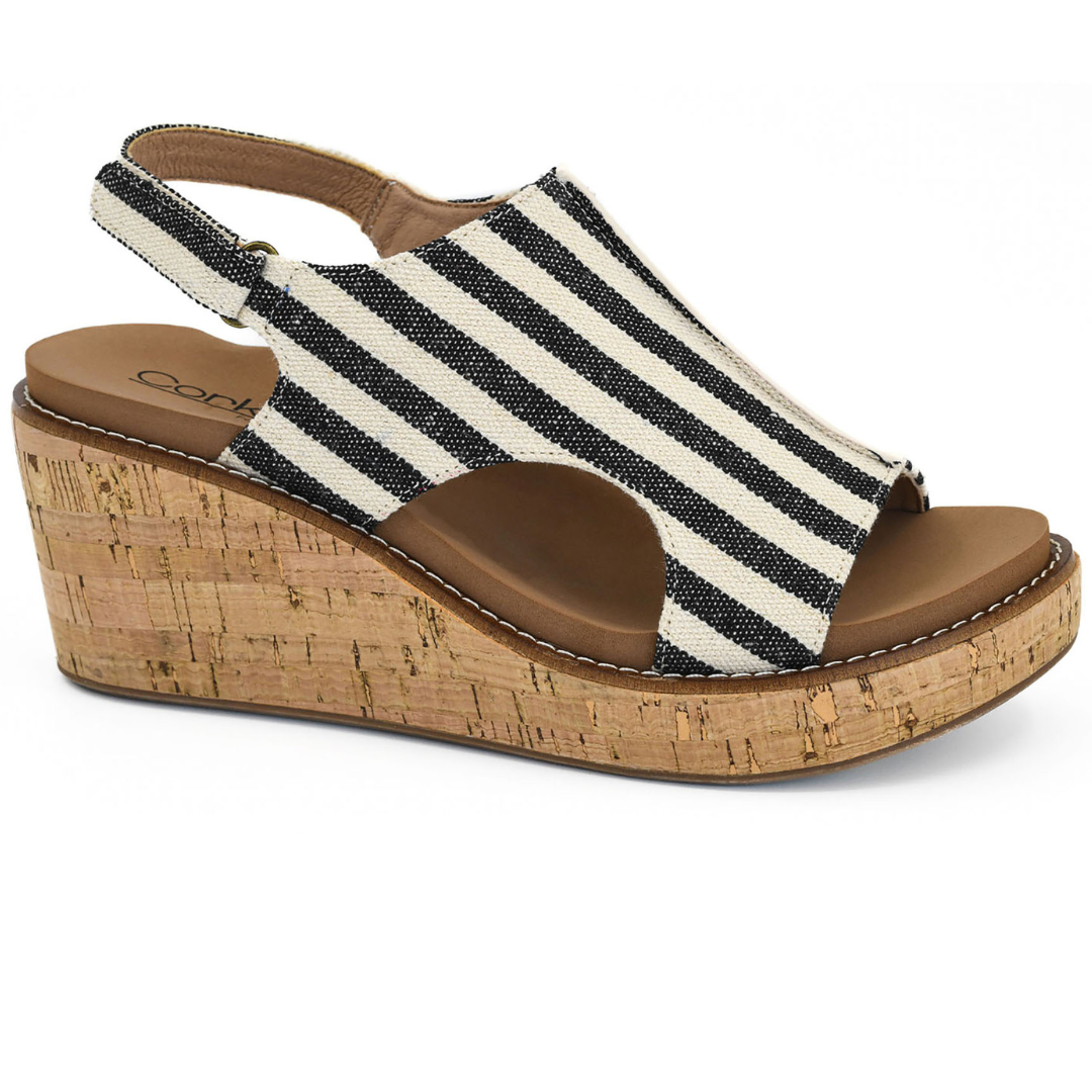 Corkys "Carley" Wedge Sandal (Black Natural Stripe)-Lola Monroe Boutique