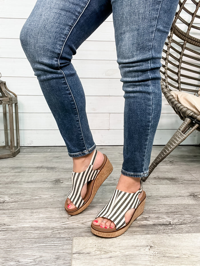 Corkys "Carley" Wedge Sandal (Black Natural Stripe)-Lola Monroe Boutique