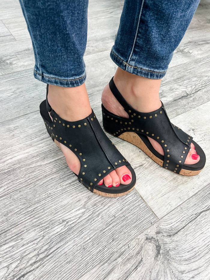 Corkys "Carley" Wedge Sandal (Black Oil Studs)-Lola Monroe Boutique