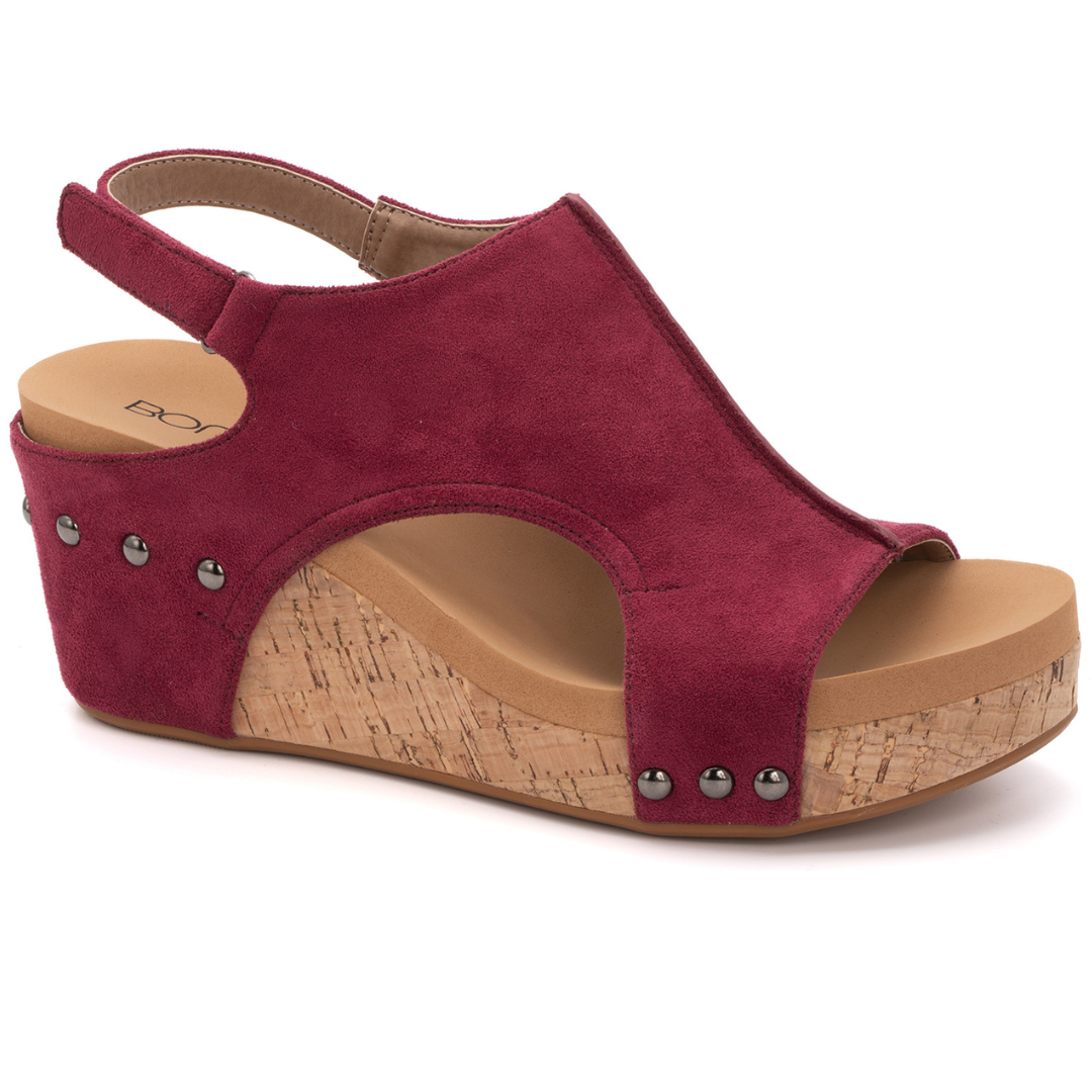 "Carley" Wedge Sandal By Corkys (Dark Red Suede)-Lola Monroe Boutique