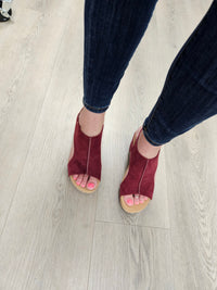 Corkys "Carley" Wedge Sandal (Dark Red Suede)