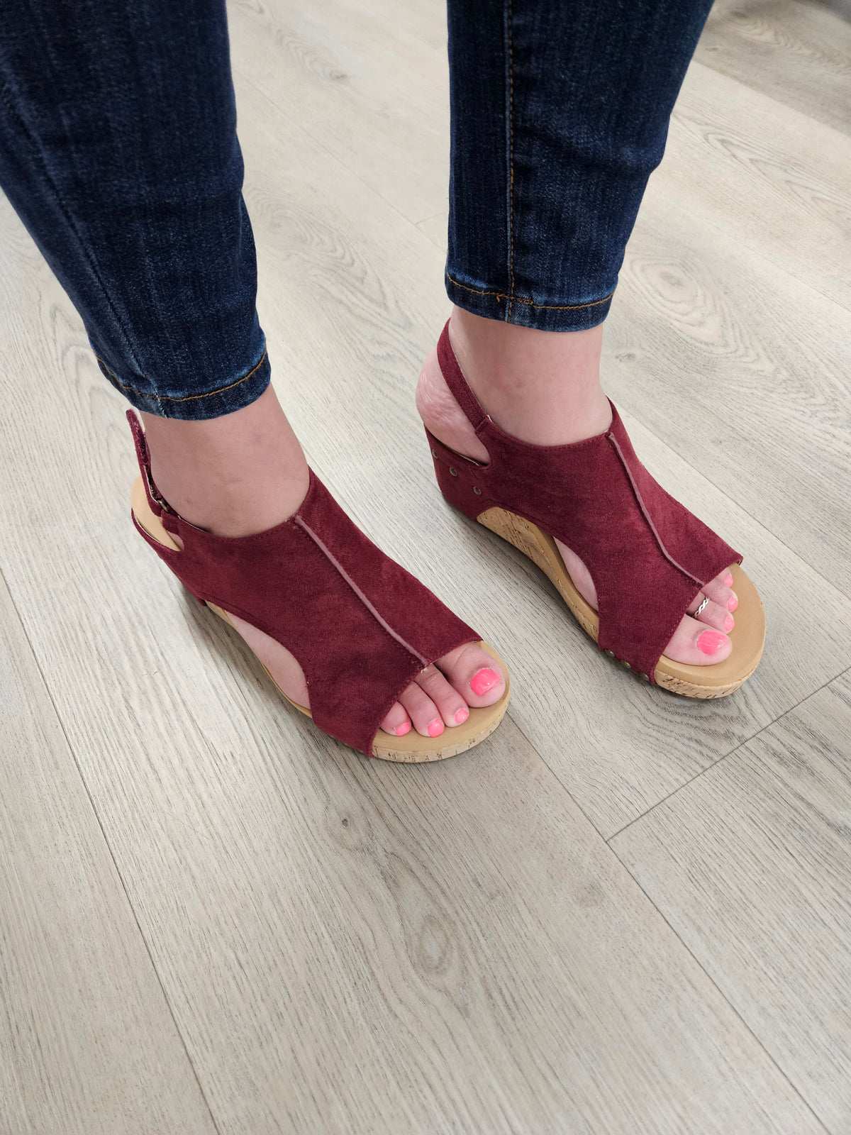 Corkys "Carley" Wedge Sandal (Dark Red Suede)