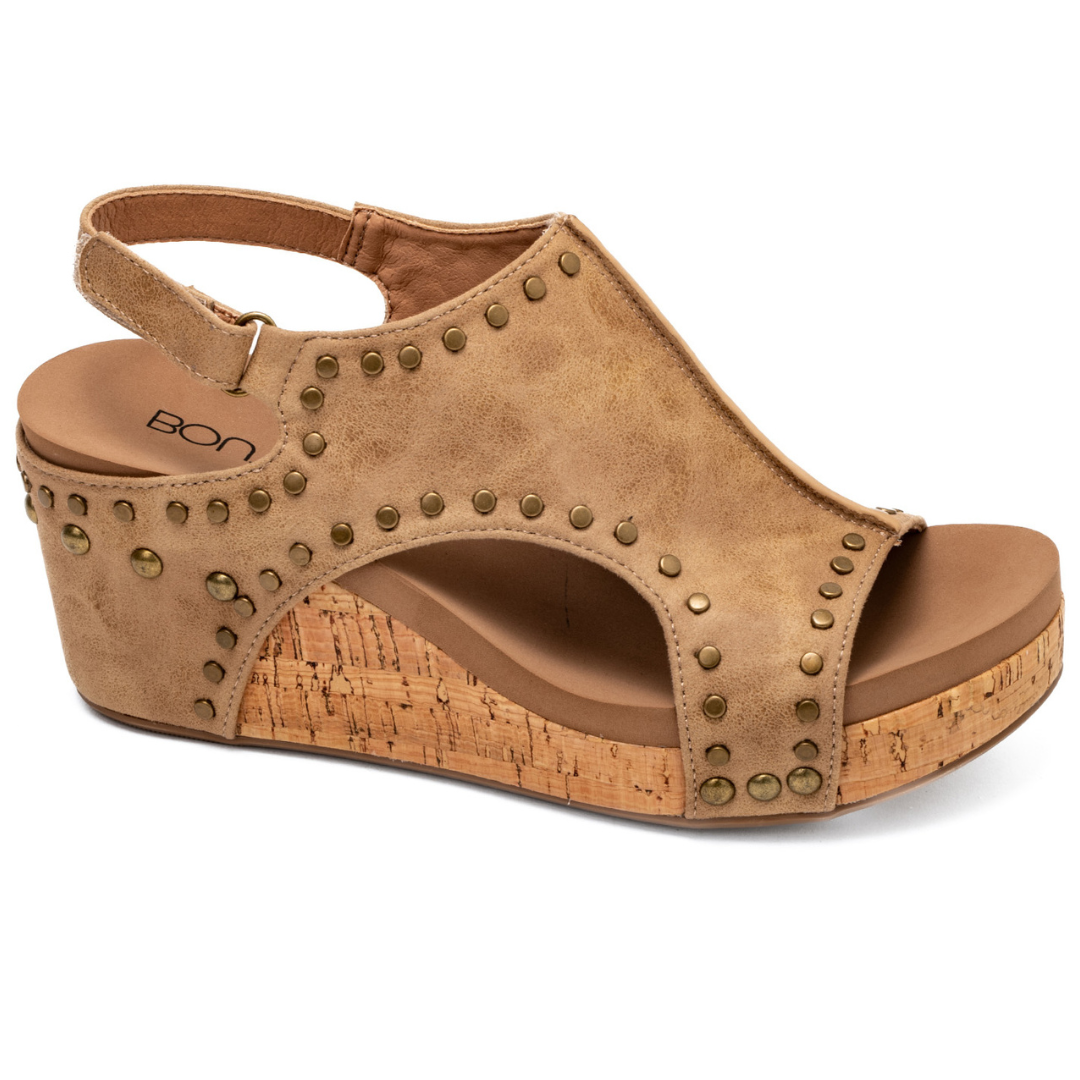 Carley Wedge Sandal By Corkys (Taupe Oil Studs)-Lola Monroe Boutique