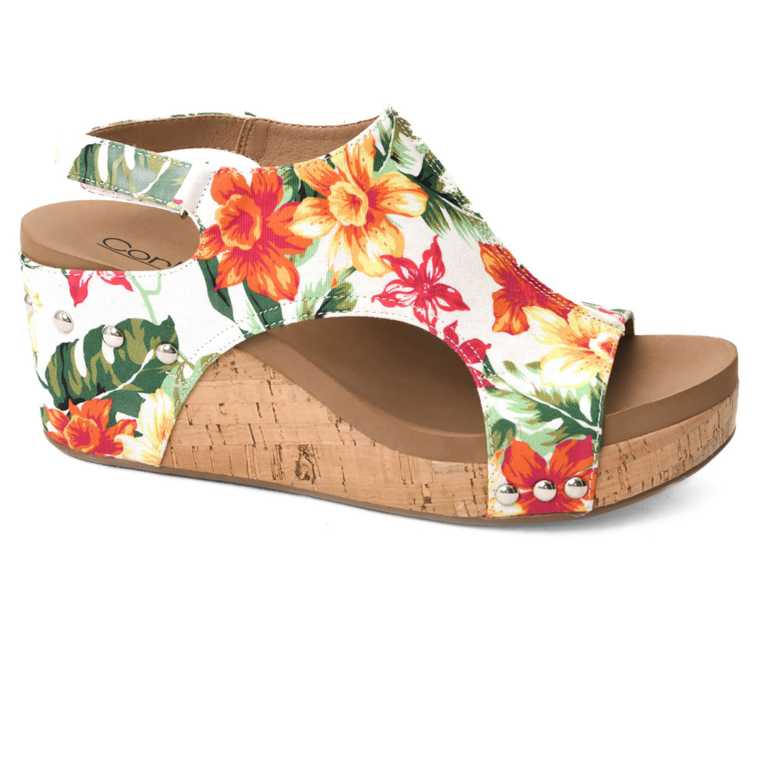 Corkys "Carley" Wedge Sandal (White Floral)-Lola Monroe Boutique