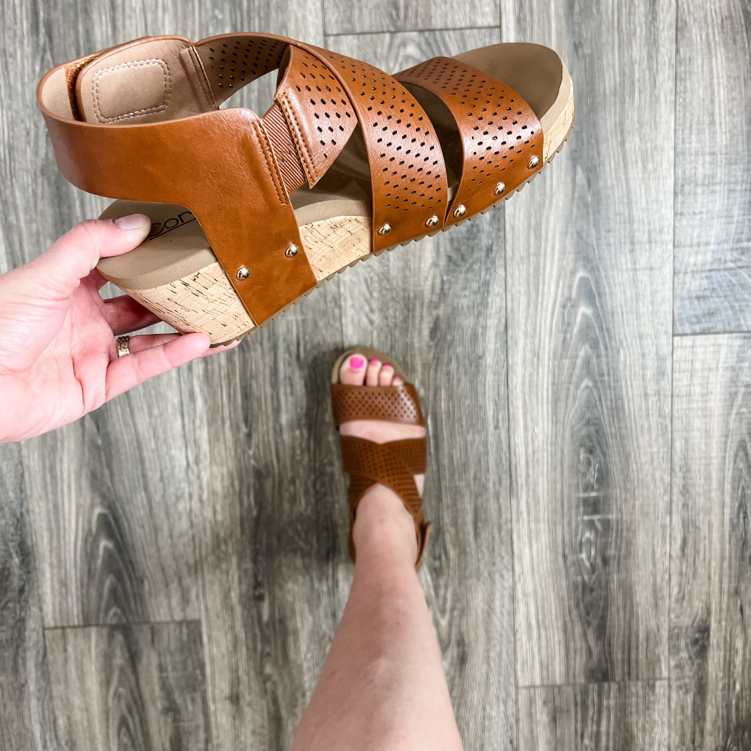 "Guilty Pleasure" Wedge Criss Cross Strap Sandal (Cognac)-Lola Monroe Boutique