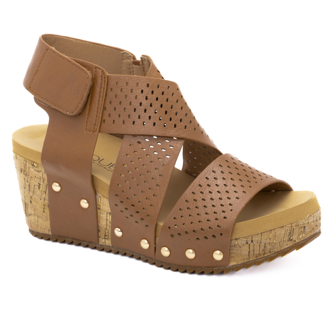 "Guilty Pleasure" Wedge Criss Cross Strap Sandal (Cognac)-Lola Monroe Boutique