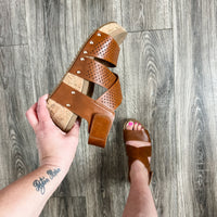 Corkys "Guilty Pleasure" Wedge Criss Cross Strap Sandal (Cognac)