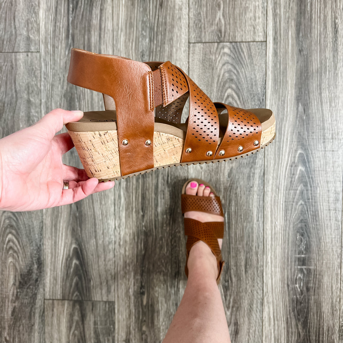 Corkys "Guilty Pleasure" Wedge Criss Cross Strap Sandal (Cognac)