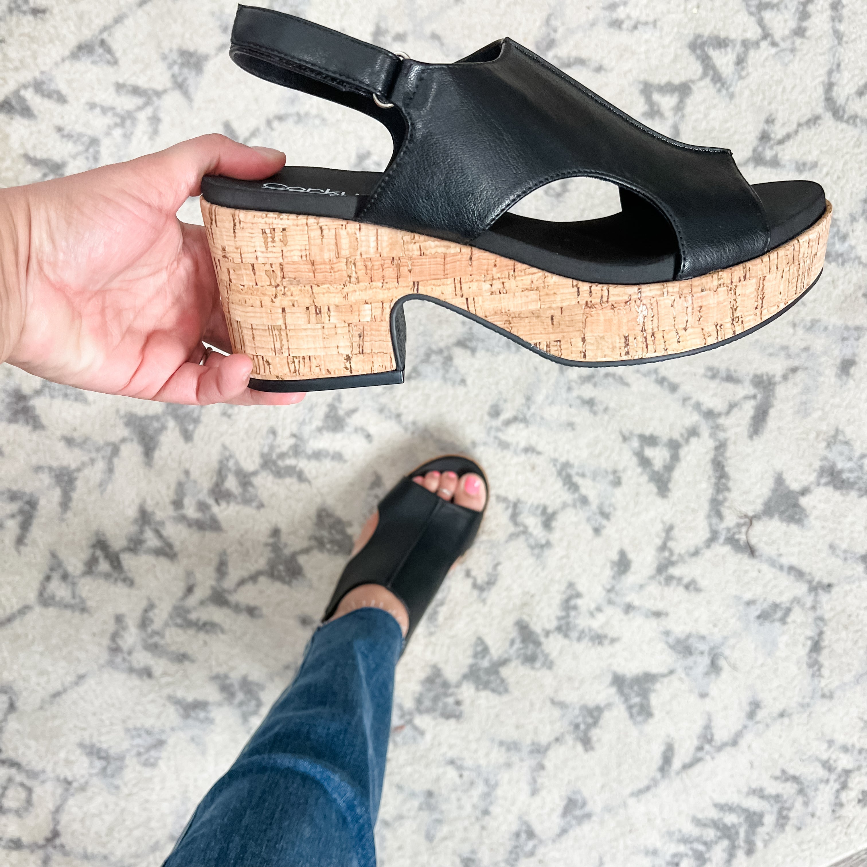 "Miss Carley" Cork Block Heel Sandal (Black)-Lola Monroe Boutique