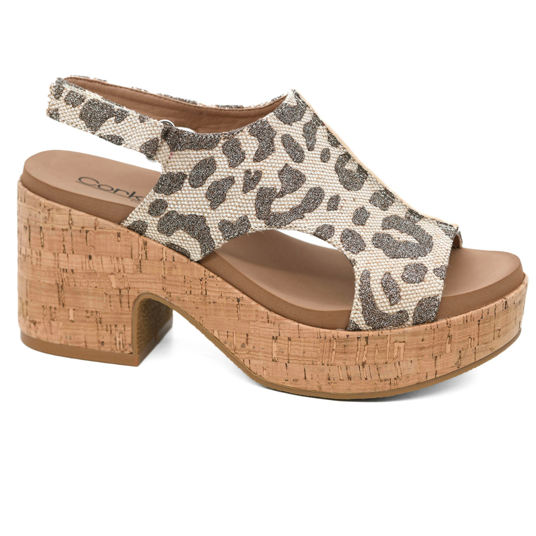 Corkys "Miss Carley" Cork Block Heel Sandal (Tan Sparkle Leopard)-Lola Monroe Boutique