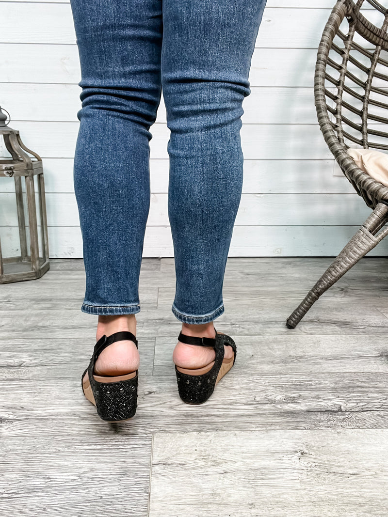 Corkys "The Ashley" Rhinestone Corky Wedge Sandal (Black)-Lola Monroe Boutique