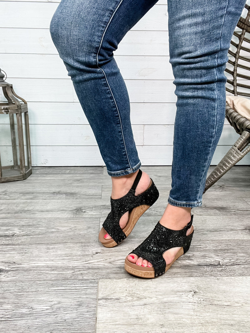 Corkys "The Ashley" Rhinestone Corky Wedge Sandal (Black)-Lola Monroe Boutique