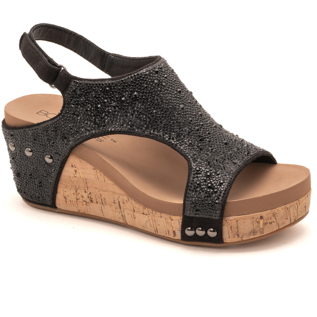 "The Ashley" Rhinestone Corky Wedge Sandal (Black)-Lola Monroe Boutique