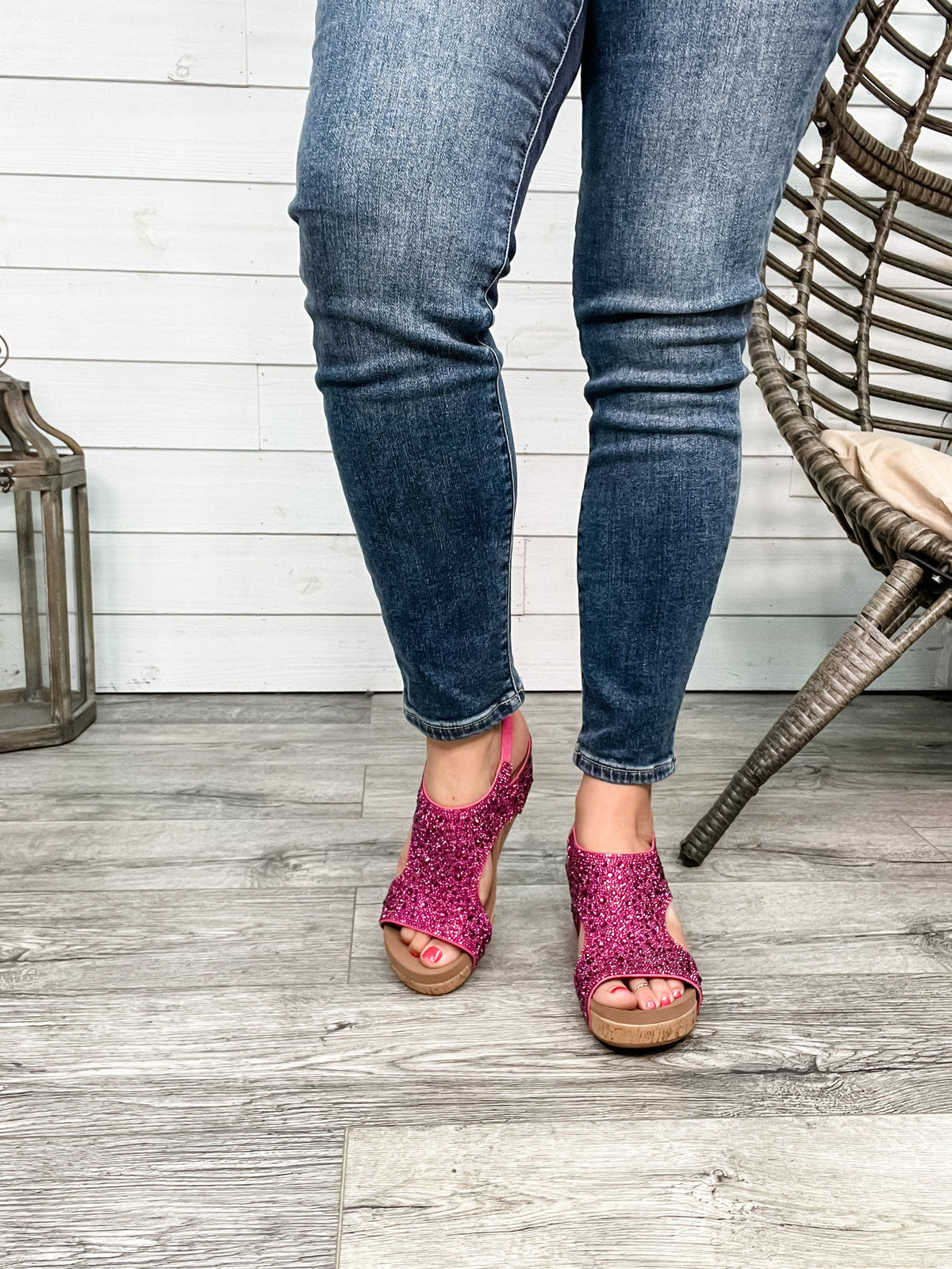 Corkys "The Ashley" Rhinestone Corky Wedge Sandal (Fuchsia)-Lola Monroe Boutique